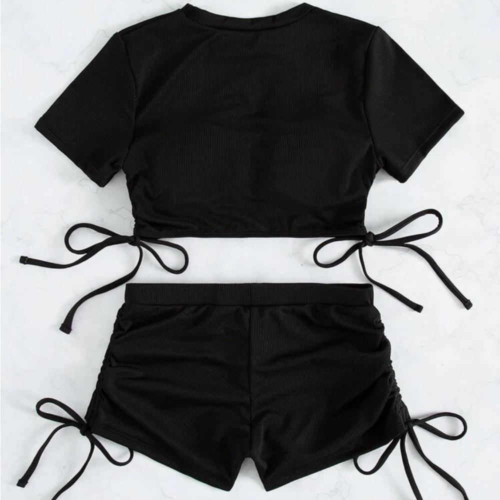 Ribbed Drawstring Side Wireless Bra & Boxer Shorts 2 Piece Swimsuit Set